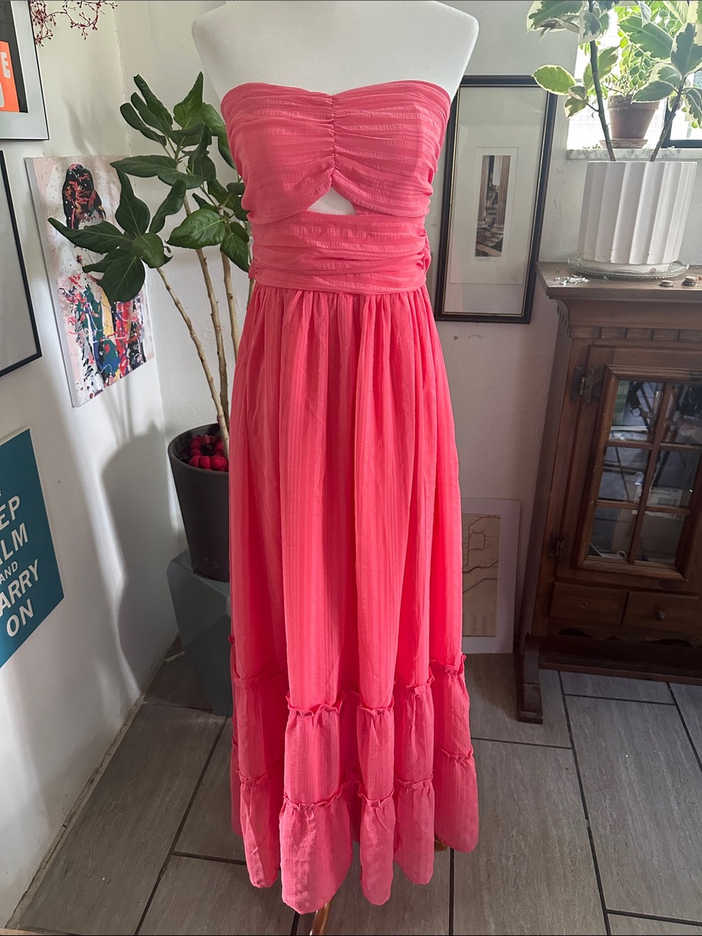 Aeom Strapless Pink Maxi Dress with Ruched Bodice and Tiered Skirt Small NWT